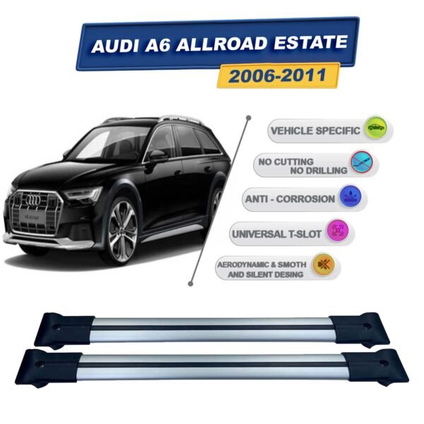 Audi A6 Allroad Estate 2006-2011 ile Uyumlu Ara Atkı Taşıyıcı Tavan Barı 2 adet Gri Set