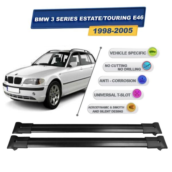 BMW 3 Serisi E46 Touring SW 1998-2005 ile Uyumlu Ara Atkı Taşıyıcı Tavan Barı 2 adet Siyah Set