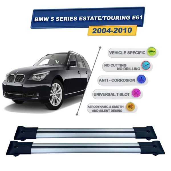 BMW 5 Serisi E61 Touring 2004-2010 ile Uyumlu Ara Atkı Taşıyıcı Tavan Barı 2 adet Gri Set