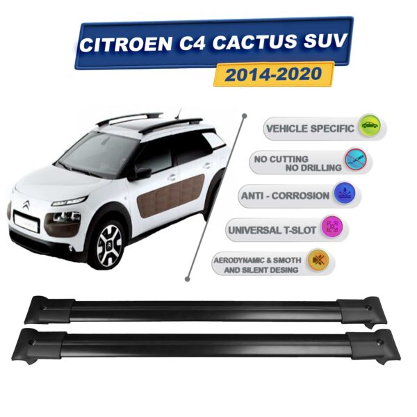 Cross oto Citroen C4 Cactus Suv 2014-2020 İle Uyumlu Ara Atkı Taşıyıcı Tavan Barı 2 adet Siyah Set