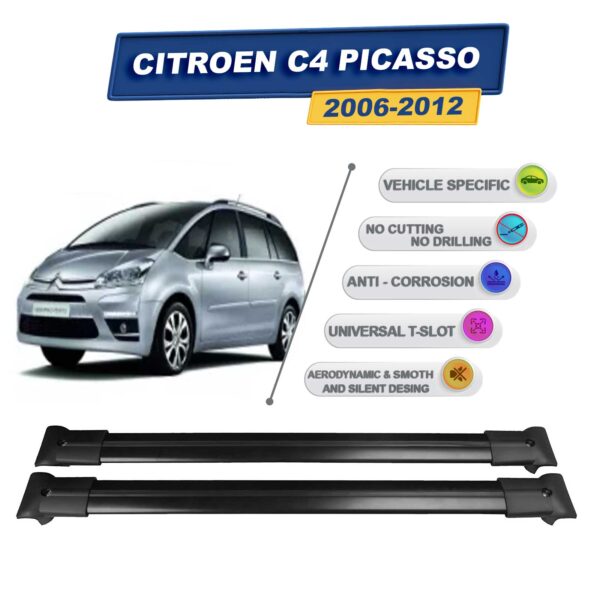 Cross oto Citroen C4 Picasso 2006-2012 İle Uyumlu Ara Atkı Taşıyıcı Tavan Barı 2 adet Siyah Set
