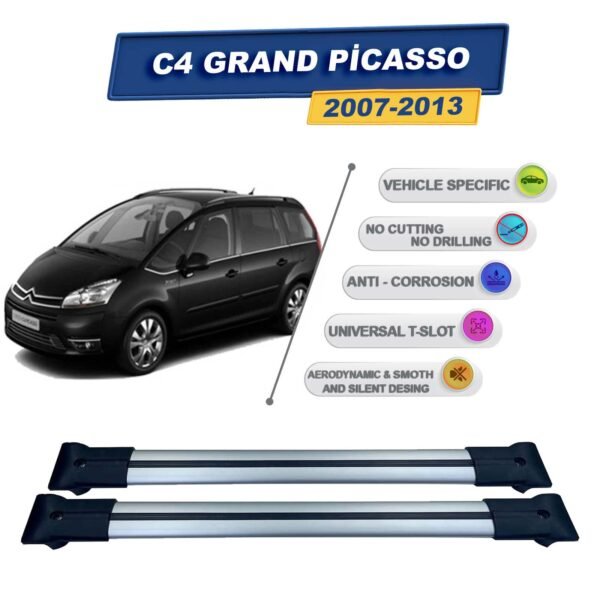Citroen C4 Grand Picasso 2007-2013 ile Uyumlu Ara Atkı Taşıyıcı Tavan Barı 2 adet Gri Set
