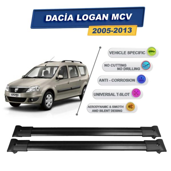 Cross oto Dacia Logan MCV 2005-2013 İle Uyumlu Ara Atkı Taşıyıcı Tavan Barı 2 adet Siyah Set