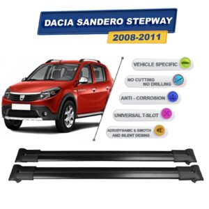 Cross oto Dacia Sandero Stepway 2008-2011 İle Uyumlu Ara Atkı Taşıyıcı Tavan Barı 2 adet Siyah Set