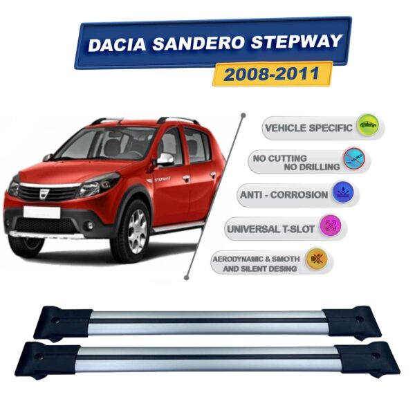 Dacia Sandero Stepway 2008-2011 ile Uyumlu Ara Atkı Taşıyıcı Tavan Barı 2 adet Gri Set