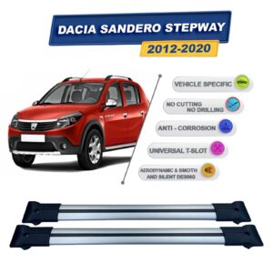 Dacia Sandero Stepway 2012-2020 ile Uyumlu Ara Atkı Taşıyıcı Tavan Barı 2 adet Gri Set