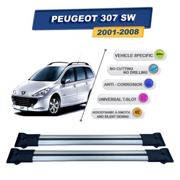 Peugeot 307 Stationwagon 2001-2008 ile Uyumlu Ara Atkı Taşıyıcı Tavan Barı 2 adet Gri Set