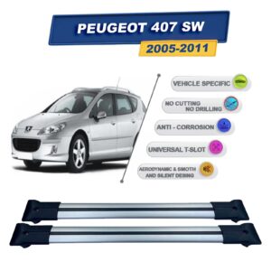Peugeot 407 Stationwagon 2005-2011 ile Uyumlu Ara Atkı Taşıyıcı Tavan Barı 2 adet Gri Set