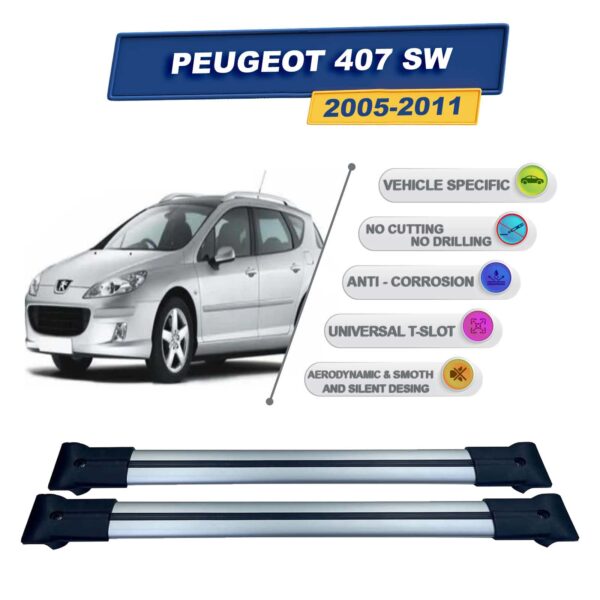 Peugeot 407 Stationwagon 2005-2011 ile Uyumlu Ara Atkı Taşıyıcı Tavan Barı 2 adet Gri Set