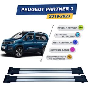 Peugeot Partner 3 2019-2024 ile Uyumlu Ara Atkı Taşıyıcı Tavan Barı 2 adet Gri Set