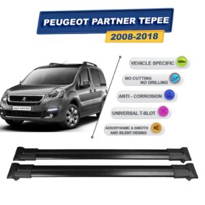 Cross oto Peugeot Partner Tepee 2008-2018 İle Uyumlu Ara Atkı Taşıyıcı Tavan Barı 2 adet Siyah Set
