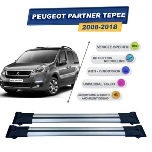 Peugeot Partner Tepee 2008-2018 ile Uyumlu Ara Atkı Taşıyıcı Tavan Barı 2 adet Gri Set