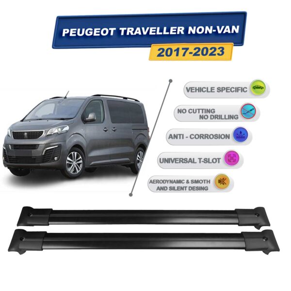 Cross oto Peugeot Traveller Non-Van 2017-2023 İle Uyumlu Ara Atkı Taşıyıcı Tavan Barı 2 adet Siyah Set