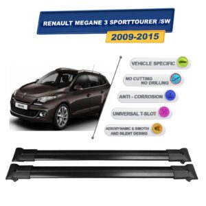 Cross oto Renault Megane 3 Sporttourer / Sw 2009-2015 İle Uyumlu Ara Atkı Taşıyıcı Tavan Barı 2 adet Siyah Set