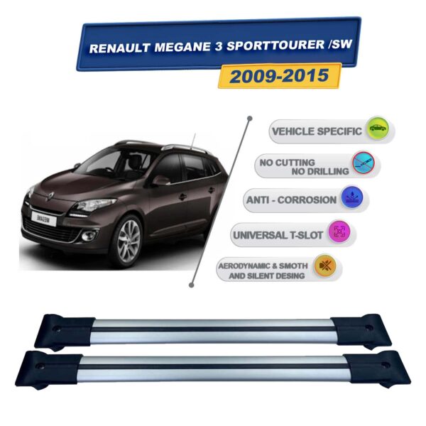 Renault Megane 3 Sporttourer /SW 2009-2015 ile Uyumlu Ara Atkı Taşıyıcı Tavan Barı 2 adet Gri Set