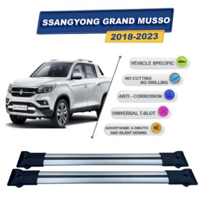 Ssangyong Grand Musso 2018-2023 ile Uyumlu Ara Atkı Taşıyıcı Tavan Barı 2 adet Gri Set