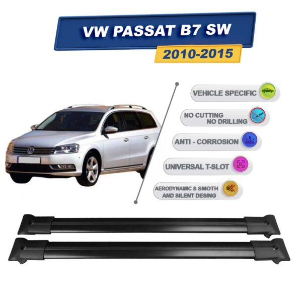 Cross oto Volkswagen Passat B7 Variant Stationwagon 2010-2015 İle Uyumlu Ara Atkı Taşıyıcı Tavan Barı 2 adet Siyah Set