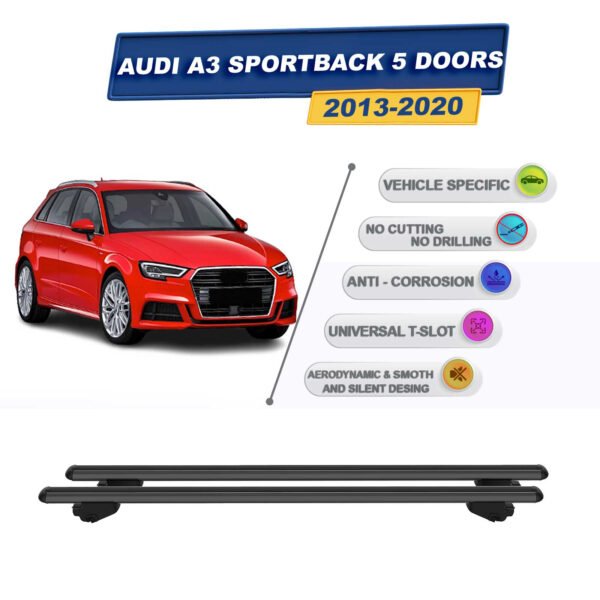 Audi A3 Sportback 5Kapı (tavan çıtalı modeller) 2013-2020 İle Uyumlu Ara Atkı Taşıyıcı Tavan Barı 2 adet Siyah