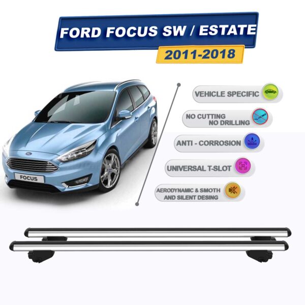 Ford Focus Stationwagon 2011-2018 İle Uyumlu Ara Atkı Taşıyıcı Tavan Barı 2 adet Gri Set
