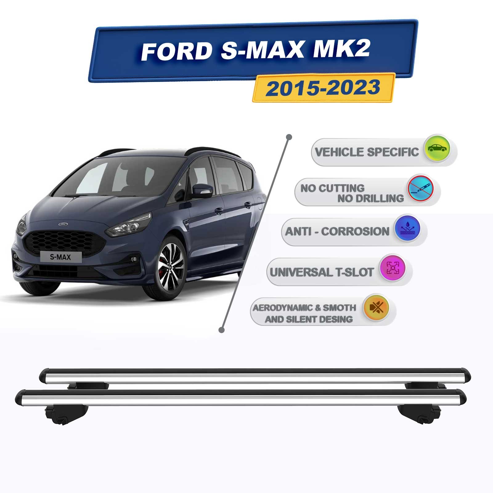 Ford S-Max MK2 MPV 2015-2023 İle Uyumlu Ara Atkı Taşıyıcı Tavan Barı 2 adet Gri Set