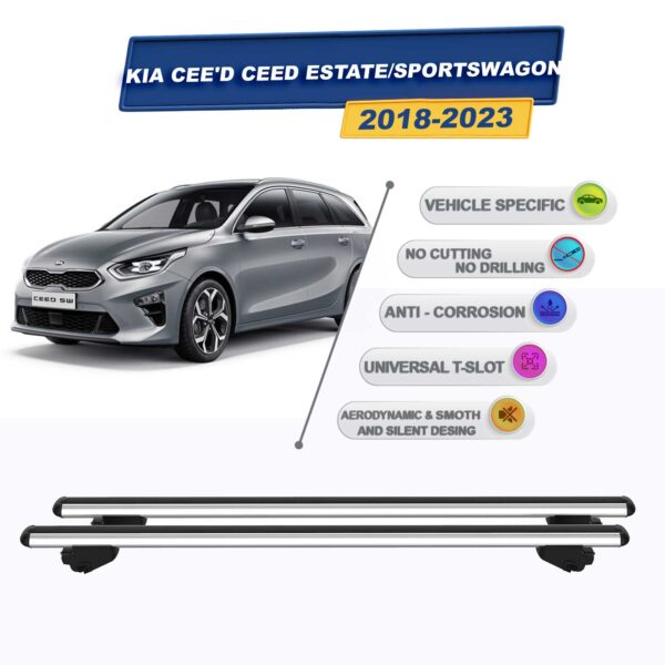 Kia Cee'D Ceed SW / Sportswagon 2018-2023 ile Uyumlu Ara Atkı Taşıyıcı Tavan Barı 2 adet Gri Set