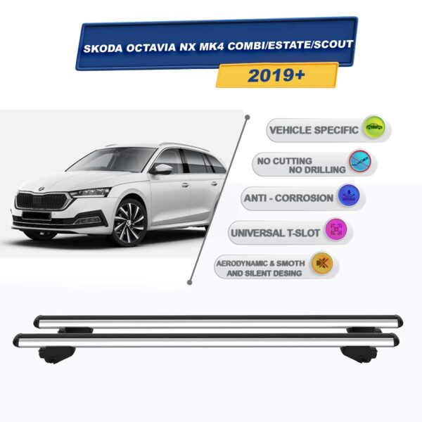 Skoda Octavia Combi/SW/Scout NX MK4 2019 ve Sonrası ile Uyumlu Ara Atkı Taşıyıcı Tavan Barı 2 adet Gri Set