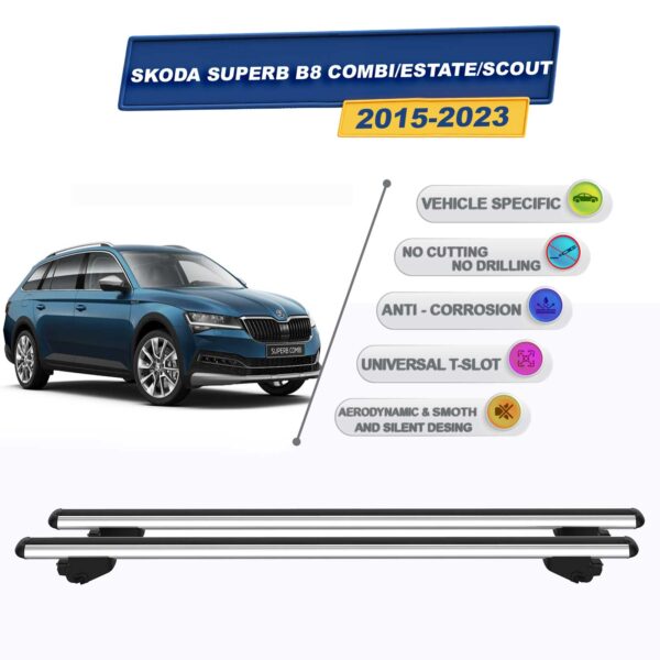 Skoda Superb B8 Combi/SW/Scout 2015-2023 ile Uyumlu Ara Atkı Taşıyıcı Tavan Barı 2 adet Gri Set