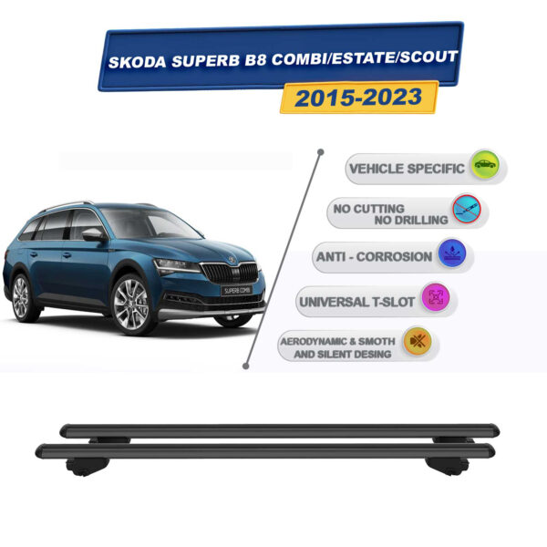 Skoda Superb B8 Combi/SW/Scout 2015-2023 ile Uyumlu Ara Atkı Taşıyıcı Tavan Barı 2 adet Siyah