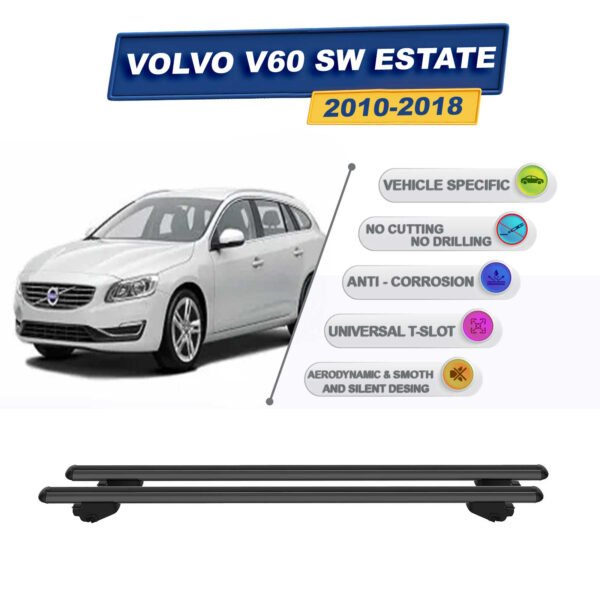 Volvo V60 Stationwagon 2010-2018 ile Uyumlu Ara Atkı Taşıyıcı Tavan Barı 2 adet Siyah