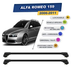 Alfa Romeo 159 (2006-2011) ile Uyumlu Kilitlenebilir Ara Atkı - Portbagaj Taşıma Barları 2li Set Siyah