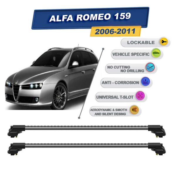 Alfa Romeo 159 SW (2006-2011) ile Uyumlu Kilitlenebilir Ara Atkı - Portbagaj Taşıma Barları 2li Set Gri