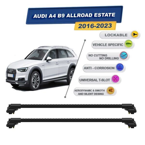 Audi A4 B9 Allroad Estate 2016-2023 ile Uyumlu Kilitlenebilir Ara Atkı - Portbagaj Taşıma Barları 2li Set Siyah