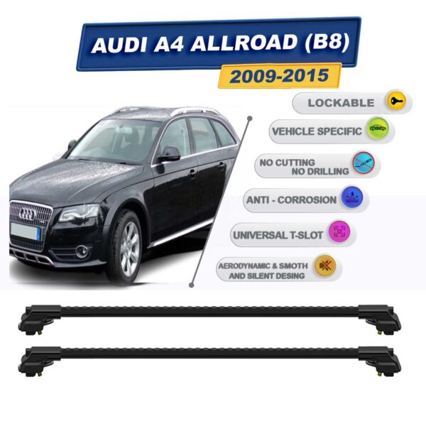 Audi A4 Allroad (B8) 2009-2015 ile Uyumlu Kilitlenebilir Ara Atkı - Portbagaj Taşıma Barları 2li Set Siyah