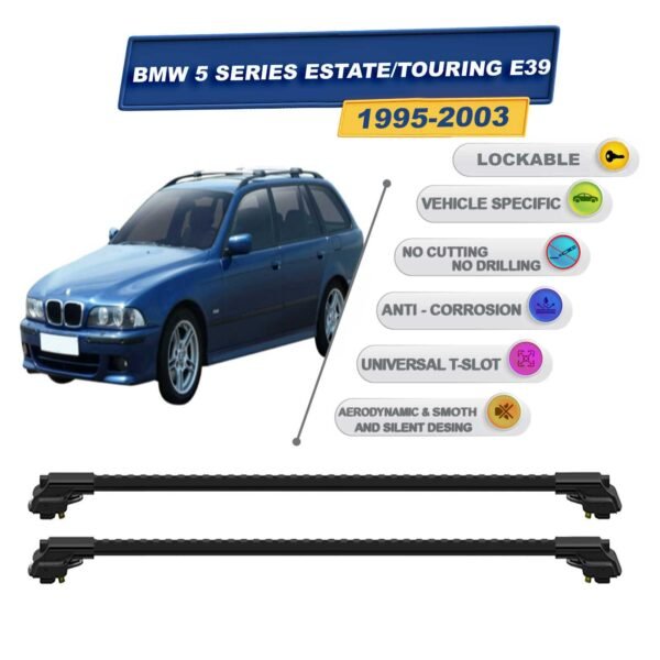 BMW 5 Series Estate/Touring E39 1995-2003 ile Uyumlu Kilitlenebilir Ara Atkı - Portbagaj Taşıma Barları 2li Set Siyah