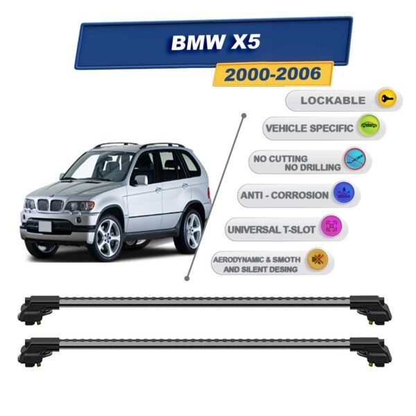 BMW X5 SUV (2000-2006) ile Uyumlu Kilitlenebilir Ara Atkı – Portbagaj Taşıma Barları 2li Set Gri