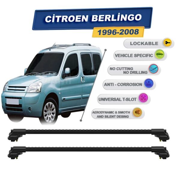 Citroen Berlingo 1 (1996-2008) ile Uyumlu Kilitlenebilir Ara Atkı - Portbagaj Taşıma Barları 2li Set Siyah