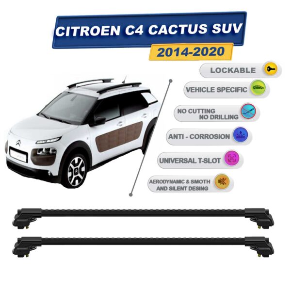 Citroen C4 Cactus SUV 2014-2020 ile Uyumlu Kilitlenebilir Ara Atkı - Portbagaj Taşıma Barları 2li Set Siyah