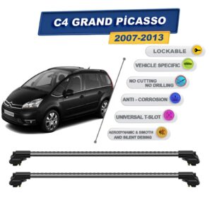 C4 Grand Picasso MPV (2007-2013) ile Uyumlu Kilitlenebilir Ara Atkı - Portbagaj Taşıma Barları 2li Set Gri