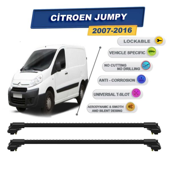 Citroen Jumpy 2007-2016 ile Uyumlu Kilitlenebilir Ara Atkı - Portbagaj Taşıma Barları 2li Set Siyah