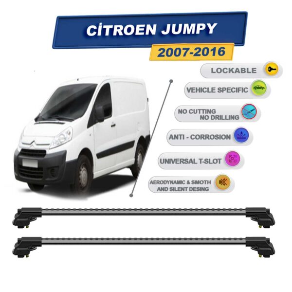 Citroen Jumpy 2007-2016 ile Uyumlu Kilitlenebilir Ara Atkı - Portbagaj Taşıma Barları 2li Set Gri