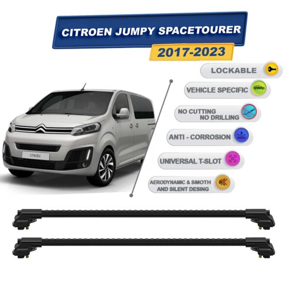 Citroen Jumpy Spacetourer 2017-2023 ile Uyumlu Kilitlenebilir Ara Atkı - Portbagaj Taşıma Barları 2li Set Siyah