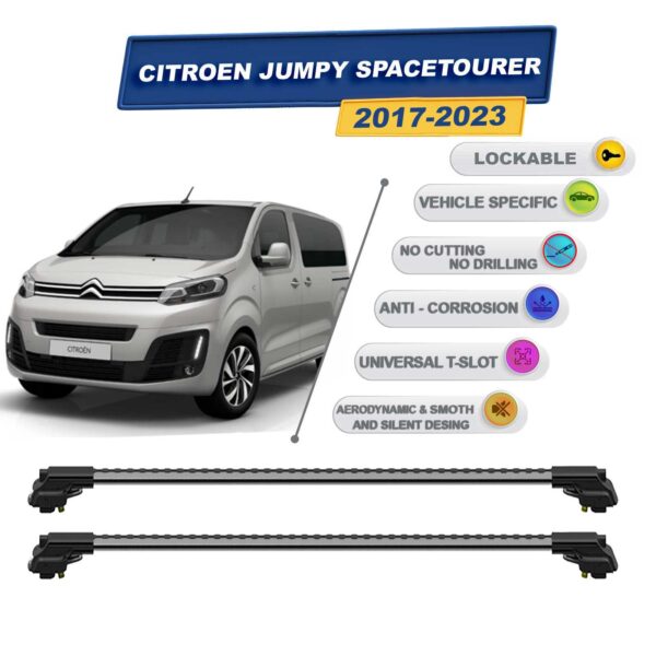 Citroen Jumpy Spacetourer 2017-2023 ile Uyumlu Kilitlenebilir Ara Atkı - Portbagaj Taşıma Barları 2li Set Gri