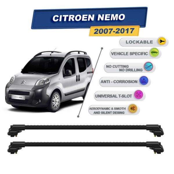 Citroen Nemo 2007-2017 ile Uyumlu Kilitlenebilir Ara Atkı - Portbagaj Taşıma Barları 2li Set Siyah