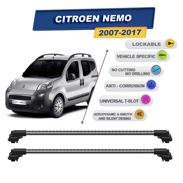 Citroen Nemo (2007-2017) ile Uyumlu Kilitlenebilir Ara Atkı – Portbagaj Taşıma Barları 2li Set Gri