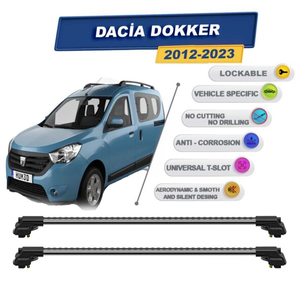 Dacia Dokker 2012-2023 ile Uyumlu Kilitlenebilir Ara Atkı - Portbagaj Taşıma Barları 2li Set Gri