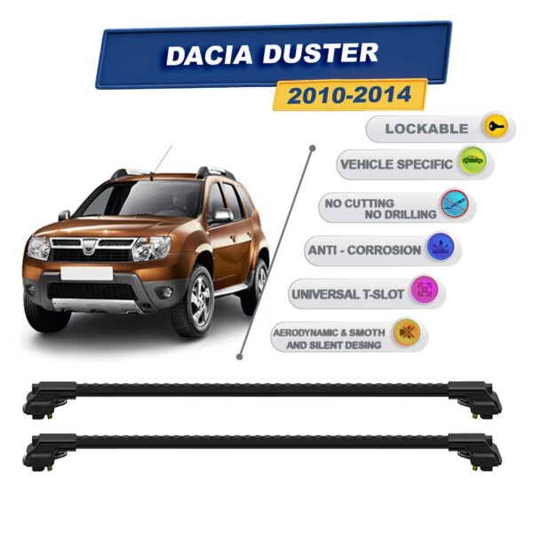 Dacia Duster 2010-2014 ile Uyumlu Kilitlenebilir Ara Atkı - Portbagaj Taşıma Barları 2li Set Siyah