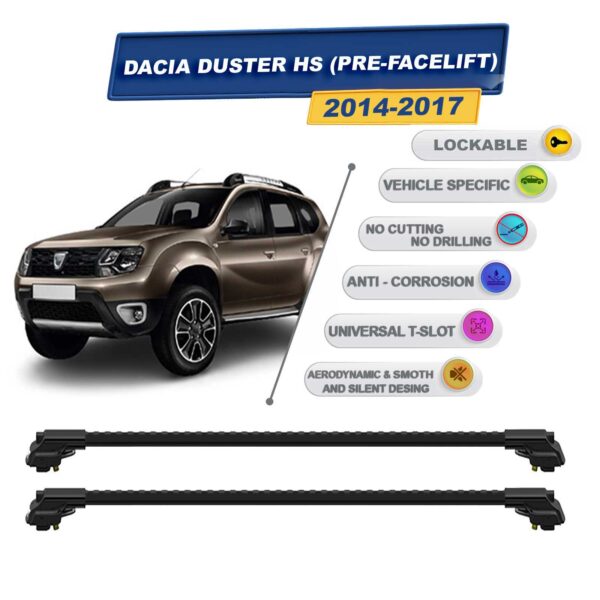Dacia Duster Hs (Pre-Facelift) 2014-2017 ile Uyumlu Kilitlenebilir Ara Atkı - Portbagaj Taşıma Barları 2li Set Siyah