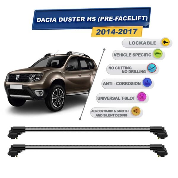 Dacia Duster Hs (Pre-Facelift) 2014-2017 ile Uyumlu Kilitlenebilir Ara Atkı - Portbagaj Taşıma Barları 2li Set Gri