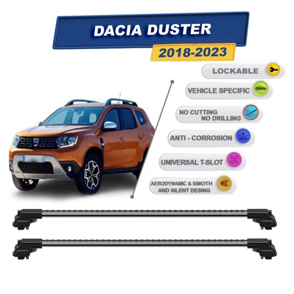 Dacia Duster (2018-2024) ile Uyumlu Kilitlenebilir Ara Atkı – Portbagaj Taşıma Barları 2li Set Gri