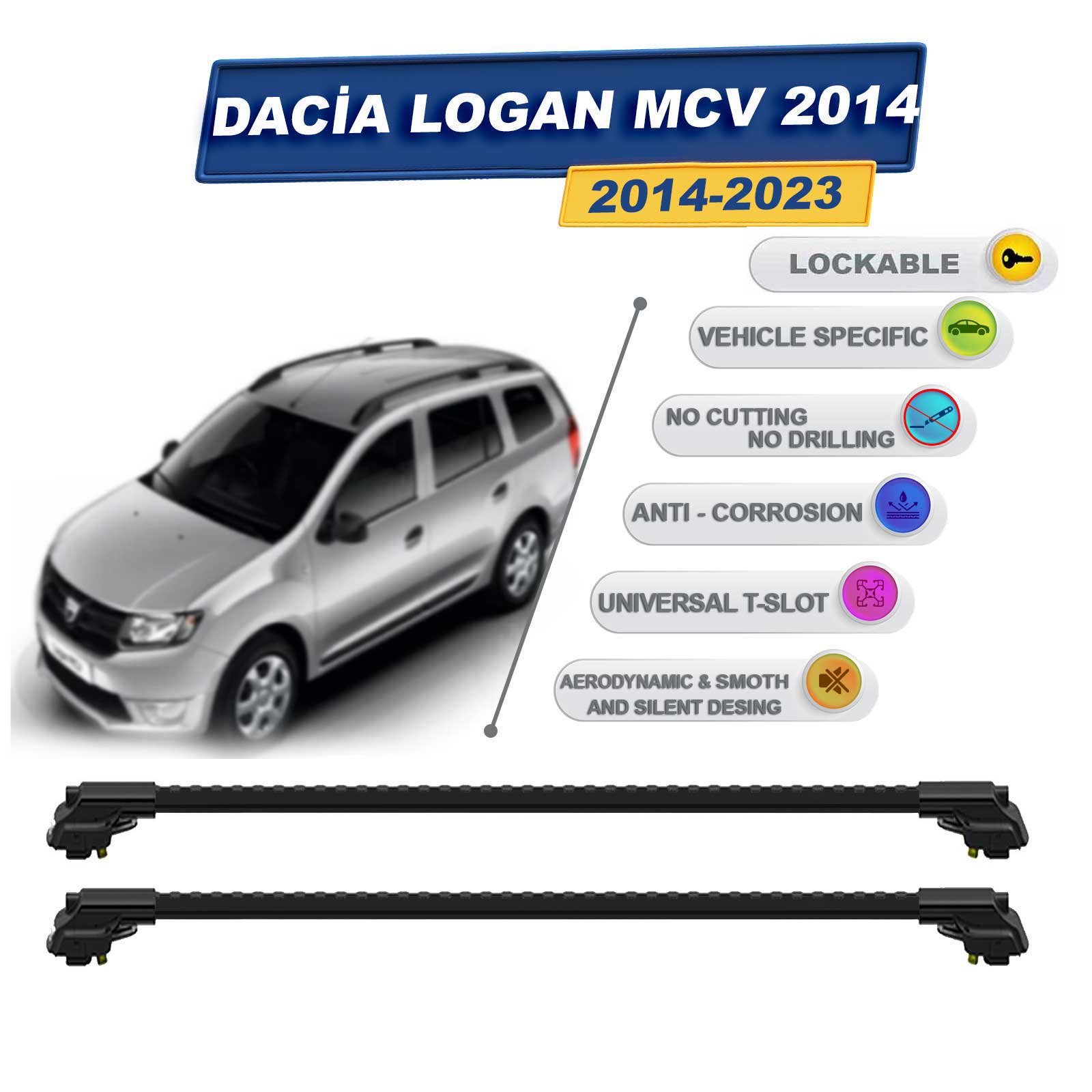 Dacia Logan Mcv 2014-2023 ile Uyumlu Kilitlenebilir Ara Atkı - Portbagaj Taşıma Barları 2li Set Siyah